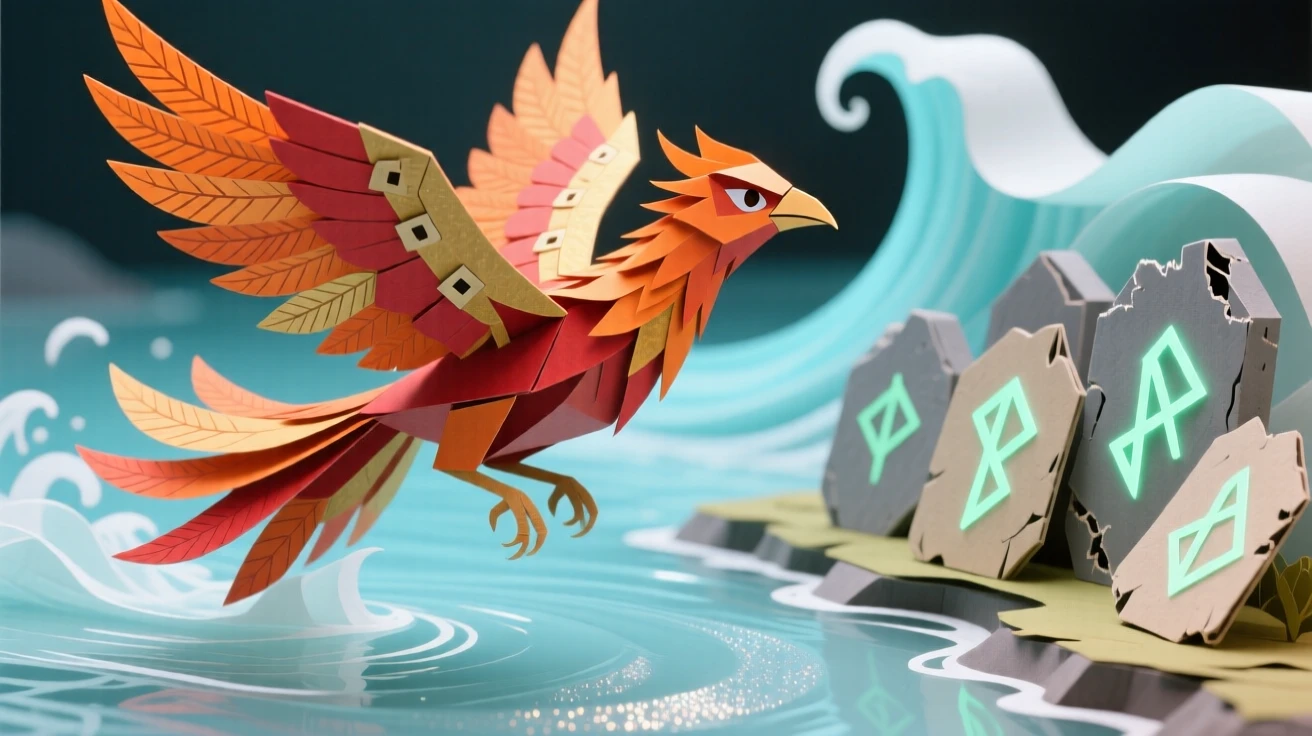 A phoenix in mid-flight resting beside a glowing mystical lake, with ancient runes glowing faintly nearby, capturing dramatic tension and adventure.