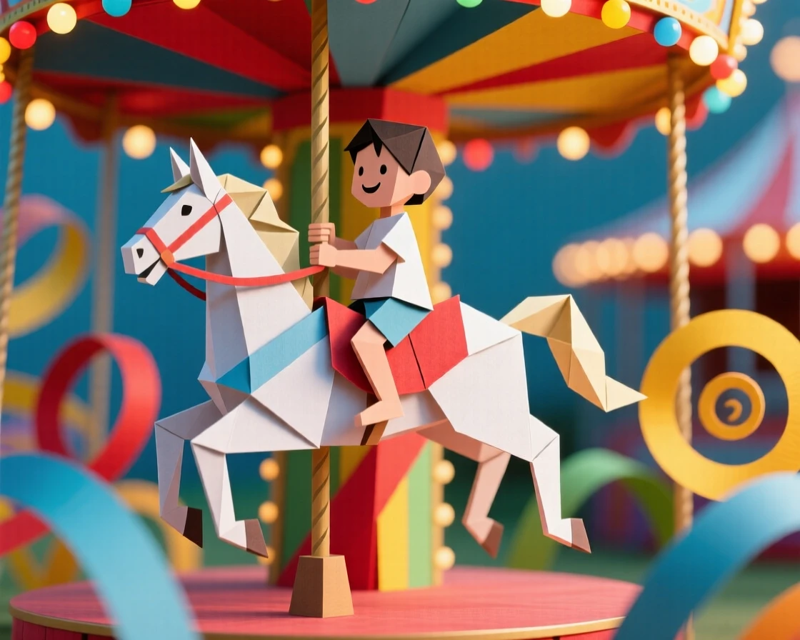 A child riding a carousel at a fair, lights and colors swirling around them.