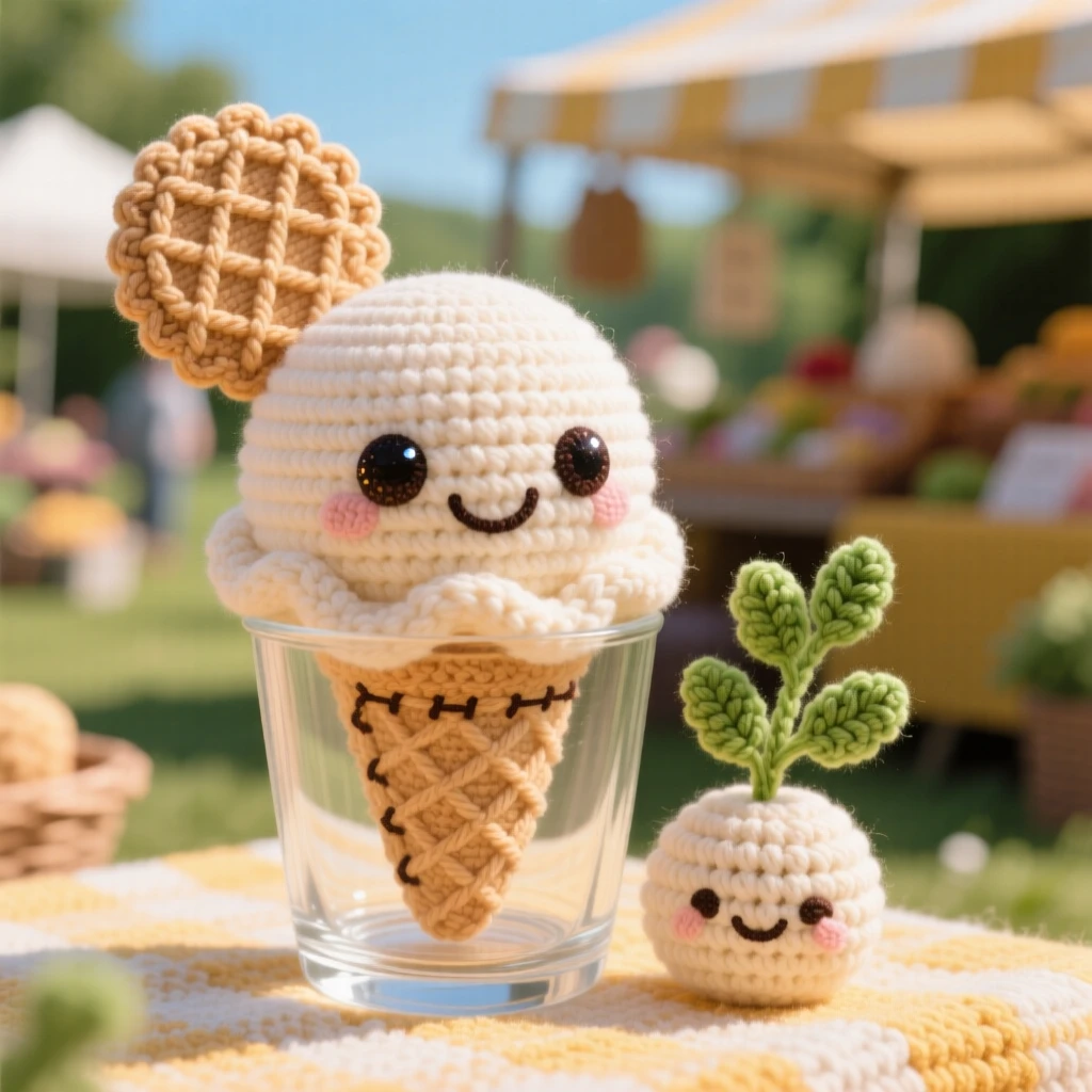 A delightful still-life of a smiling scoop of gelato character in a delicate glass cup, topped with a wafer cookie within a sunny outdoor farmer's market stall; a sprig of fresh herbs as garnish nearby, full of bright, appetizing cheerfulness.