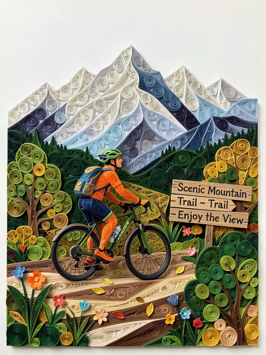 a cyclist pausing to admire a mountain vista, along a scenic mountain hiking trail, arranged with a relaxed, candid, lifestyle feel, with lively pops of color scattered throughout the scene.