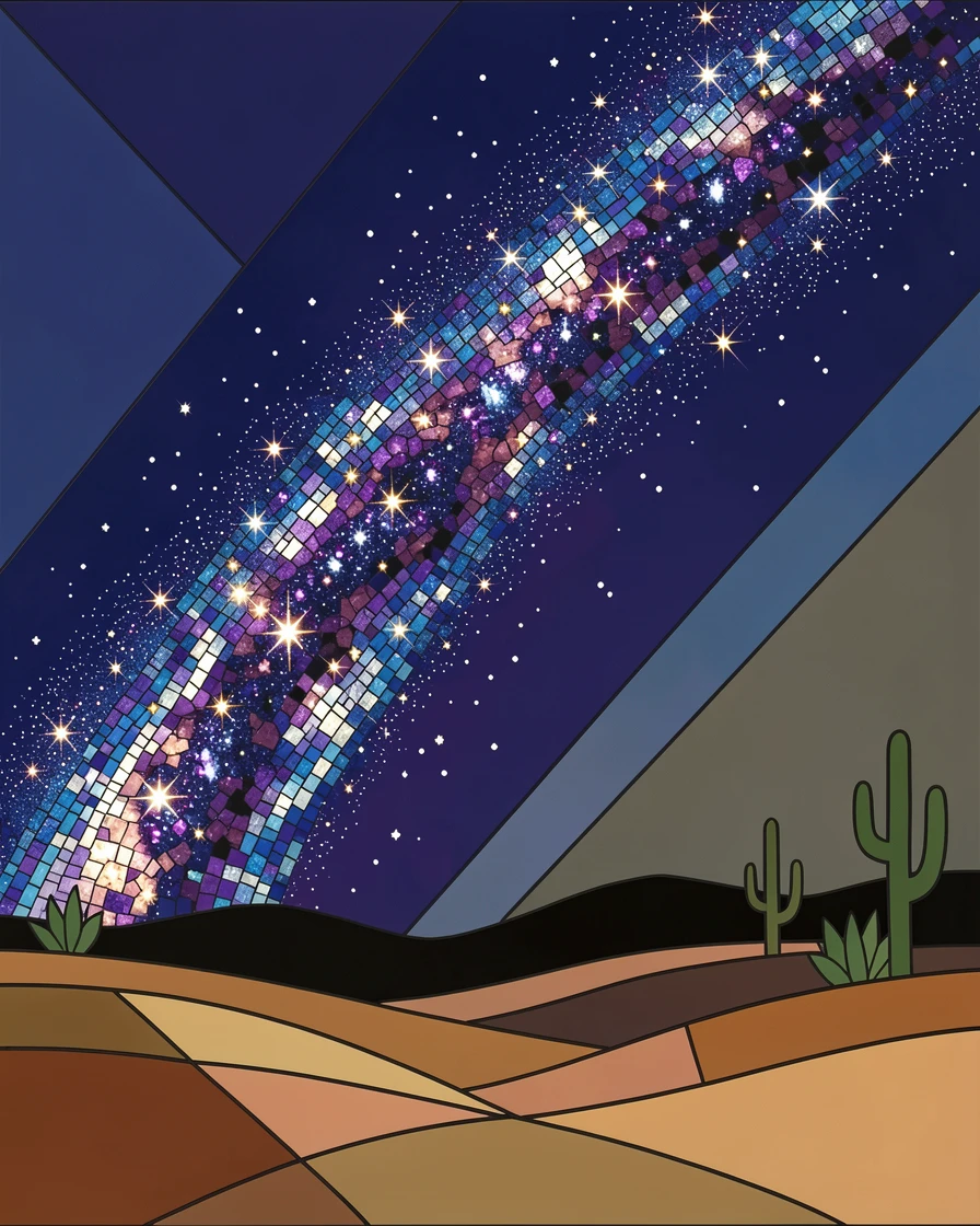A breathtaking cosmic view of the Milky Way arching brilliantly over a silhouetted desert landscape, with rich stars and glowing light.