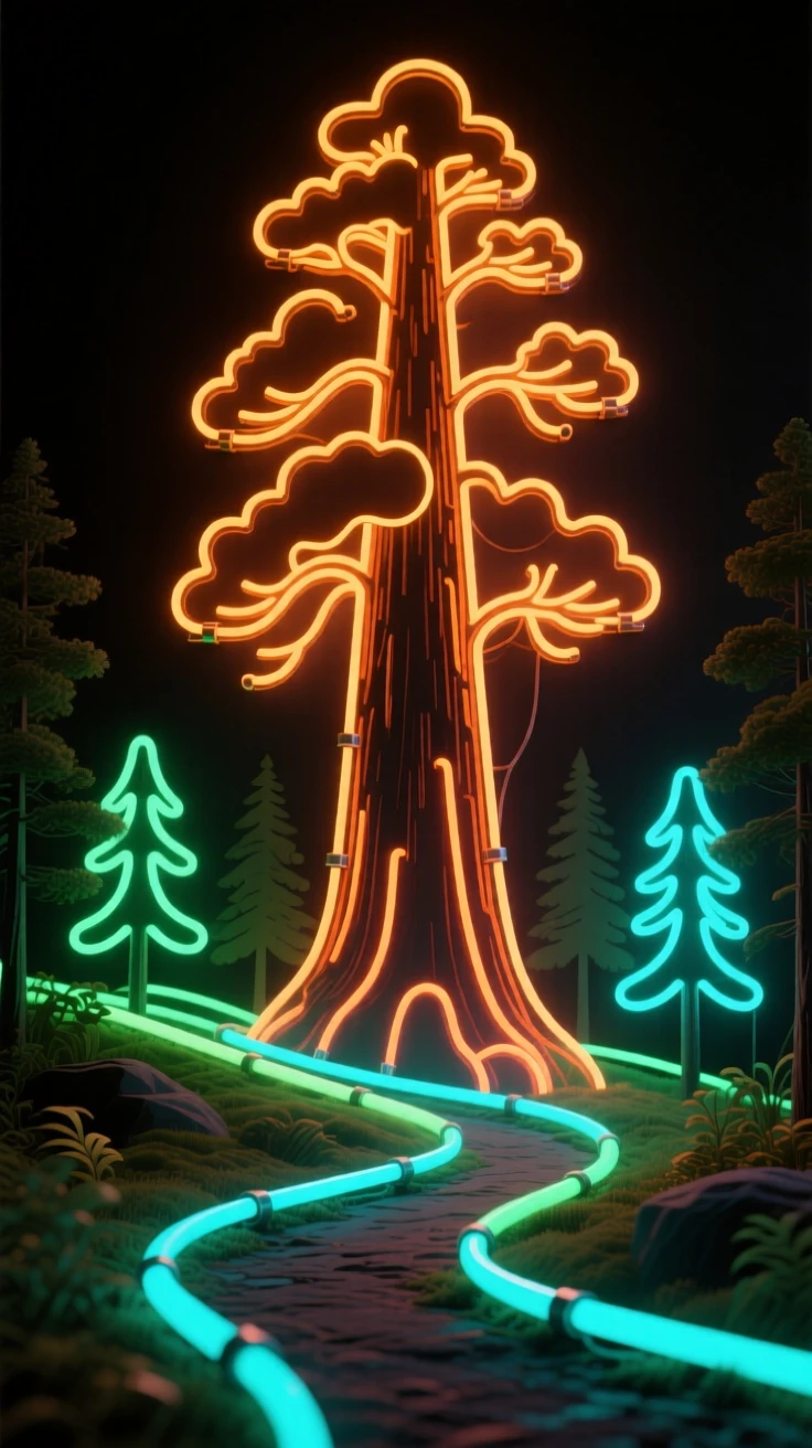 A giant sequoia tree towering over a quiet forest trail.