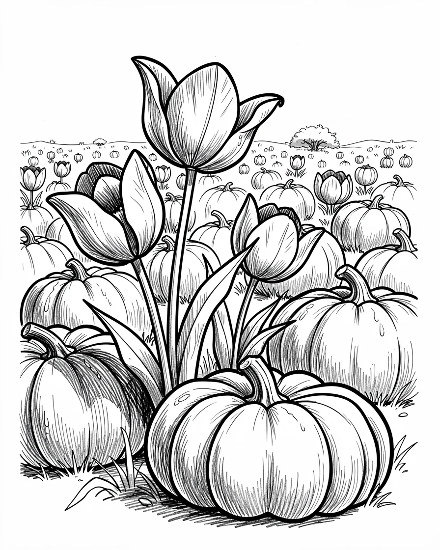 A garden full of blooming spring tulips in a field of pumpkins at harvest time.