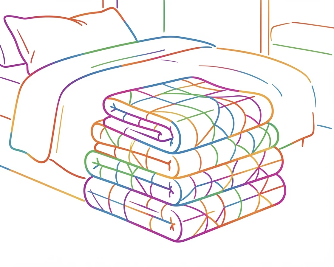 A stack of freshly folded quilts arranged at the foot of a bed.
