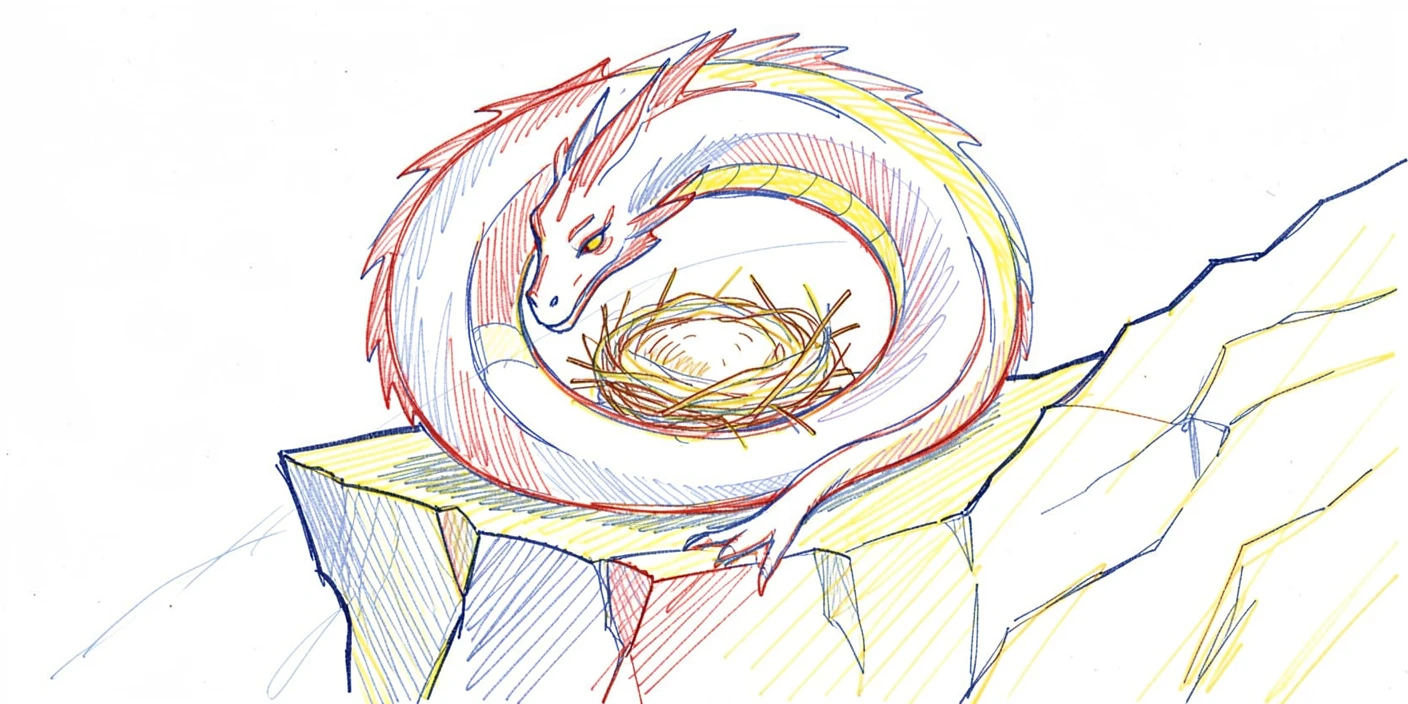 A dragon curling protectively around its nest high on a cliffside
