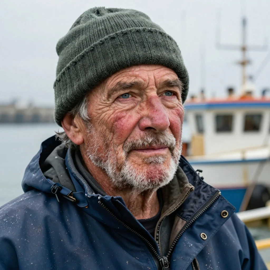 A close-up portrait of a weathered fisherman's face