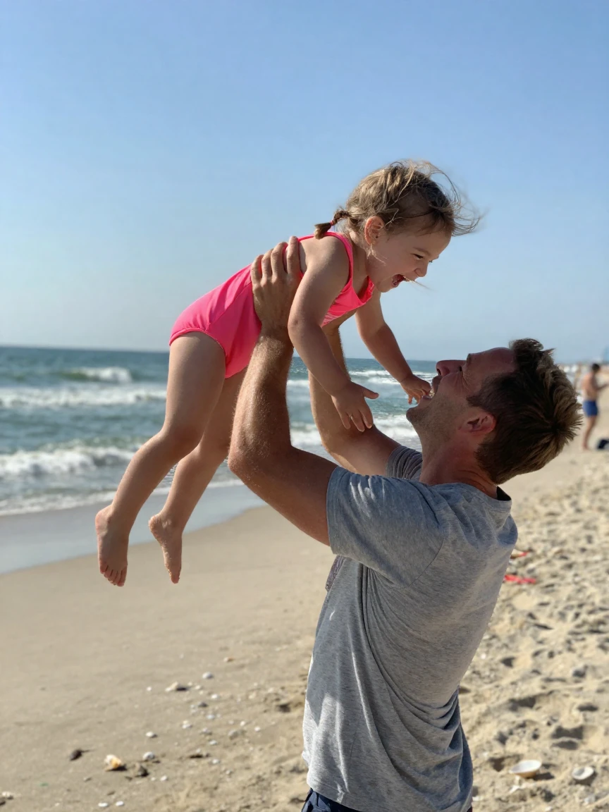 A father lifts his daughter high above his head on a sunny beach, both laughing.