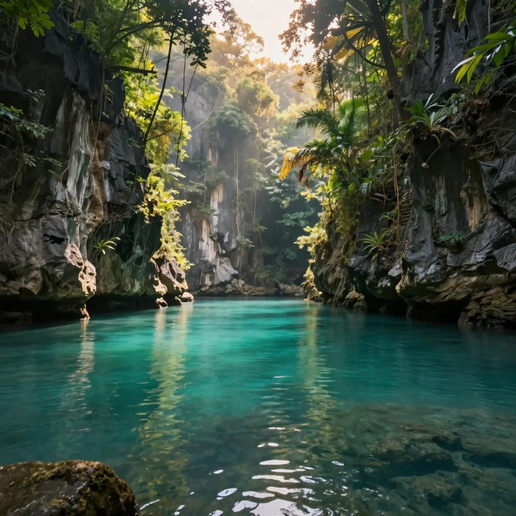 A hidden turquoise lagoon surrounded by towering limestone cliffs and jungle