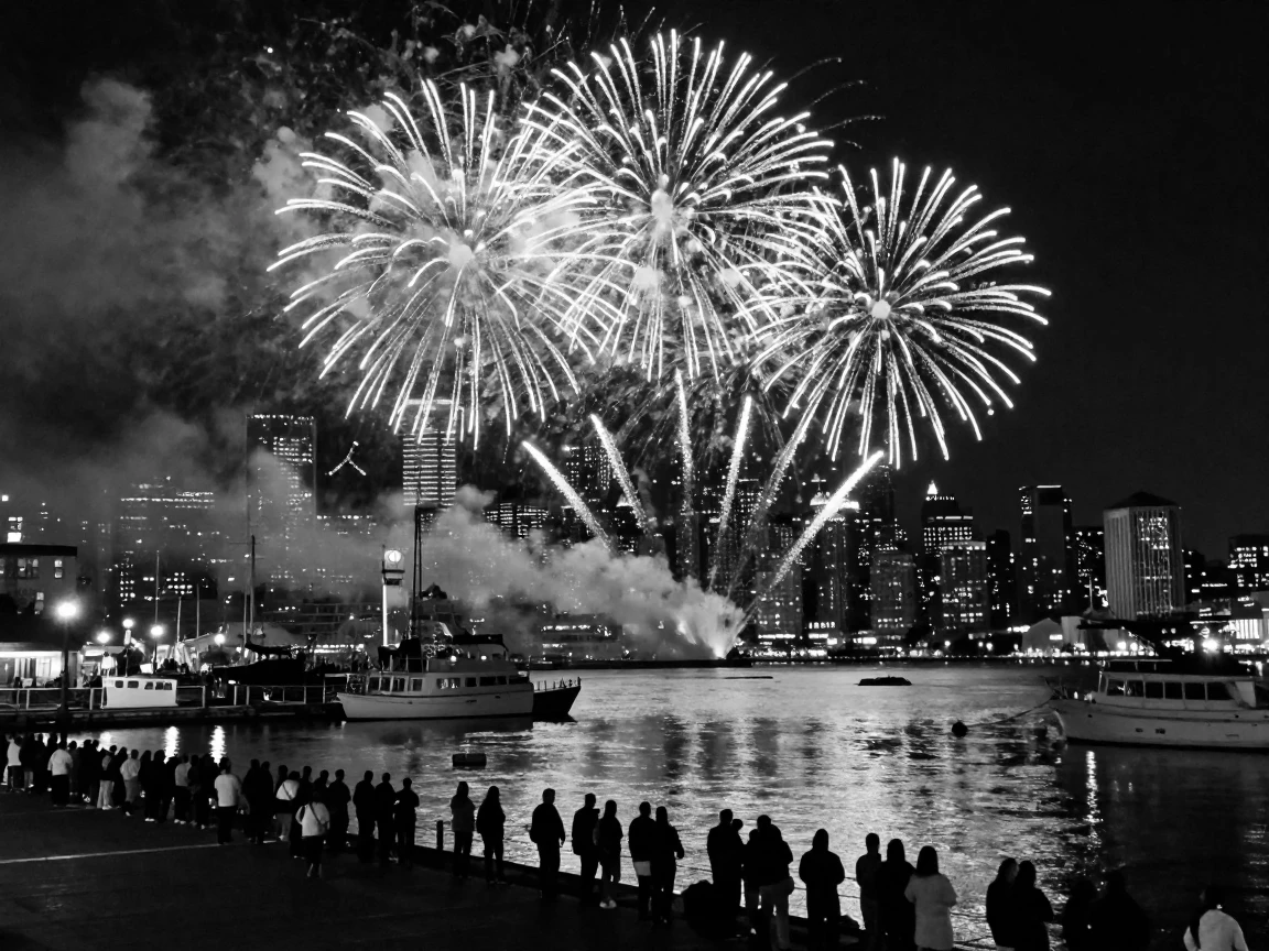 Fireworks burst into brilliant color above the harbor over a bustling city harbor.