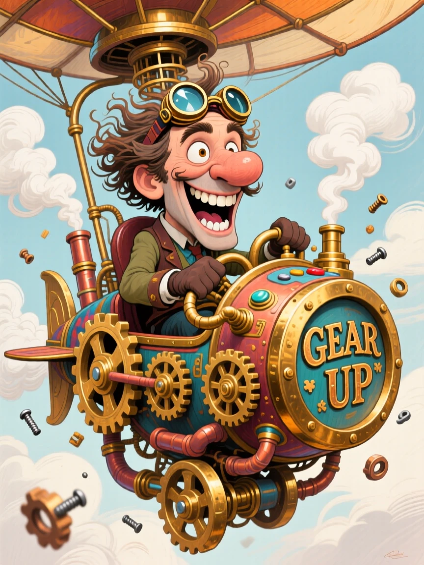 A steampunk inventor piloting a fantastical flying machine made of brass gears.