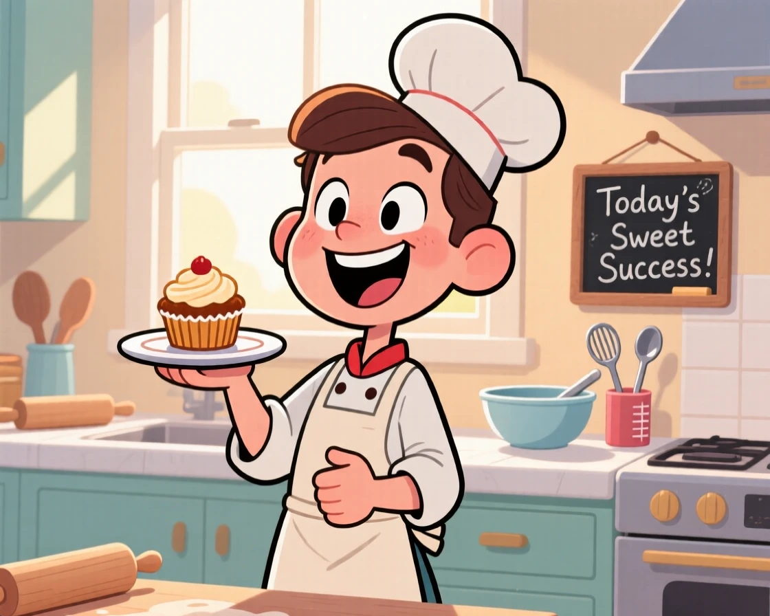 An everyday-life snapshot of an enthusiastic home baker, grinning at a small but satisfying success, as soft light streams through a nearby window.