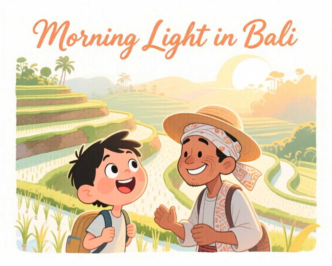 A dreamy travel postcard scene of a rice terrace in Bali bathed in warm morning light