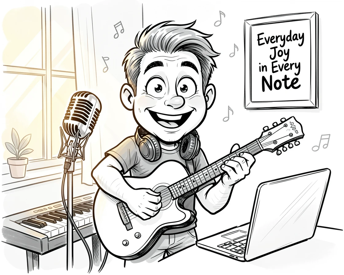 [Trending & Universal Topics] Modern lifestyle scene of a musician recording a song in a cozy home studio, capturing everyday joy