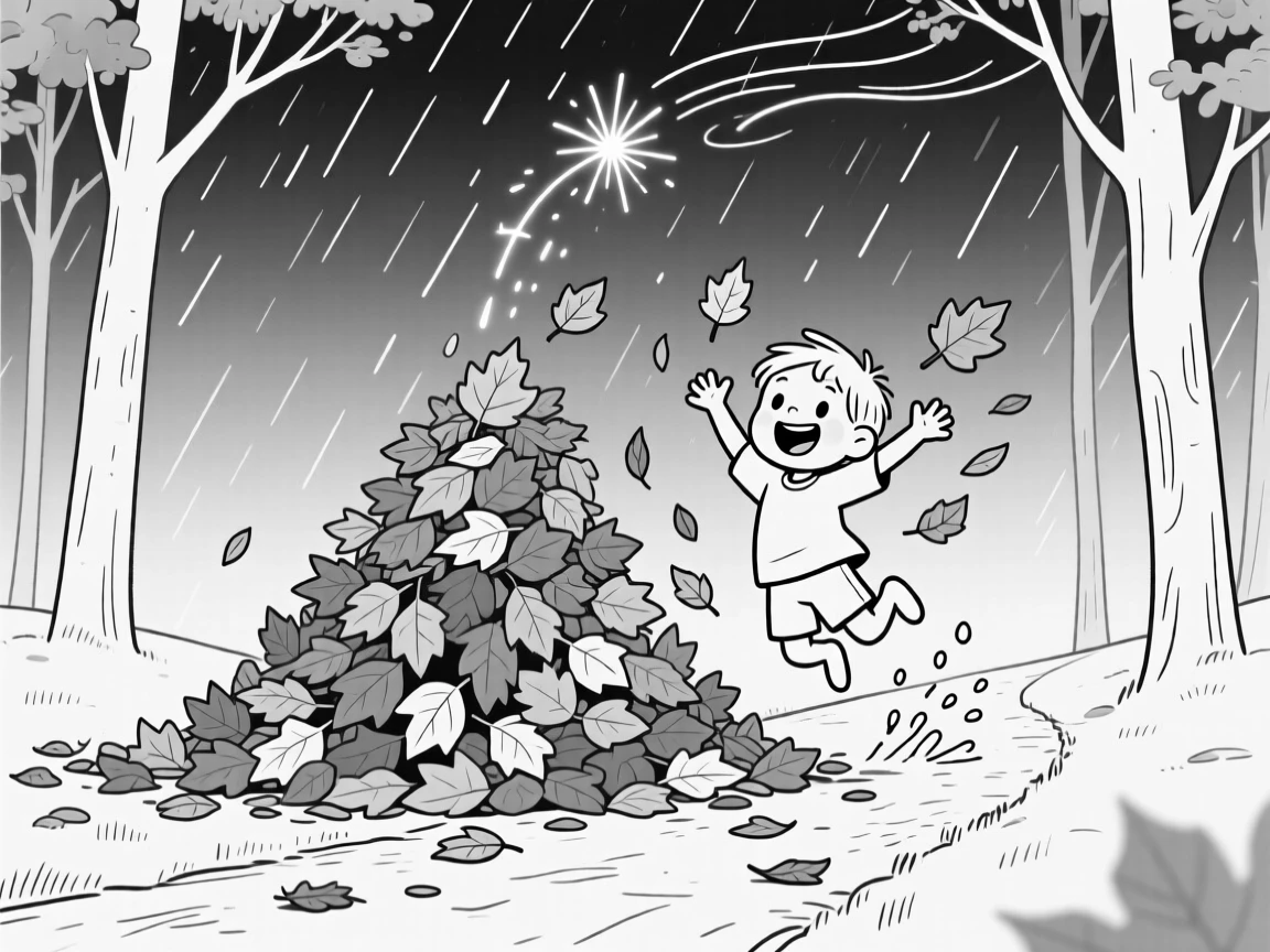 A child jumping into a towering pile of autumn leaves, flinging leaves joyfully into the air with both hands, set on a forest trail caught in a sudden downpour. Sparks drift upward into the night sky. There's a fresh, playful energy woven through the moment.