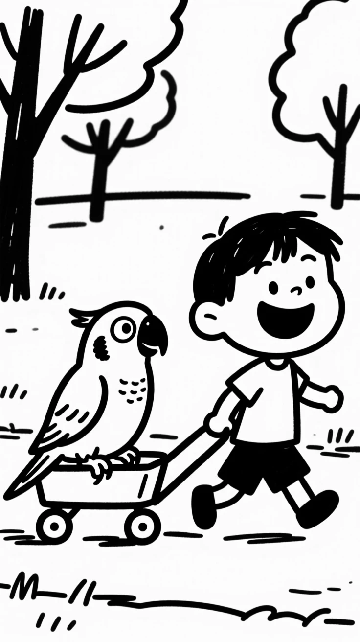A parakeet sitting in a wagon being pulled through a park by a delighted kid.