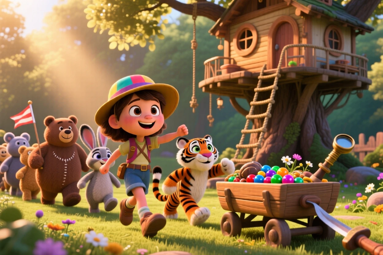 A girl leading her stuffed animals on a parade takes place beside a treehouse strung with rope ladders, with a wagon full of collected treasures nearby. A carefree, adventurous energy fills the scene.