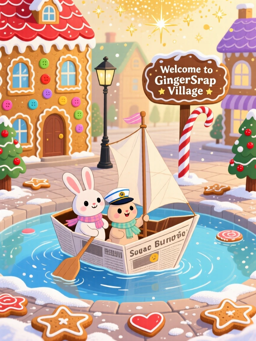 A family of teacup rabbits is sailing a boat made from a folded newspaper in a town square made entirely of gingerbread, as gentle sparkles settle over the scene.