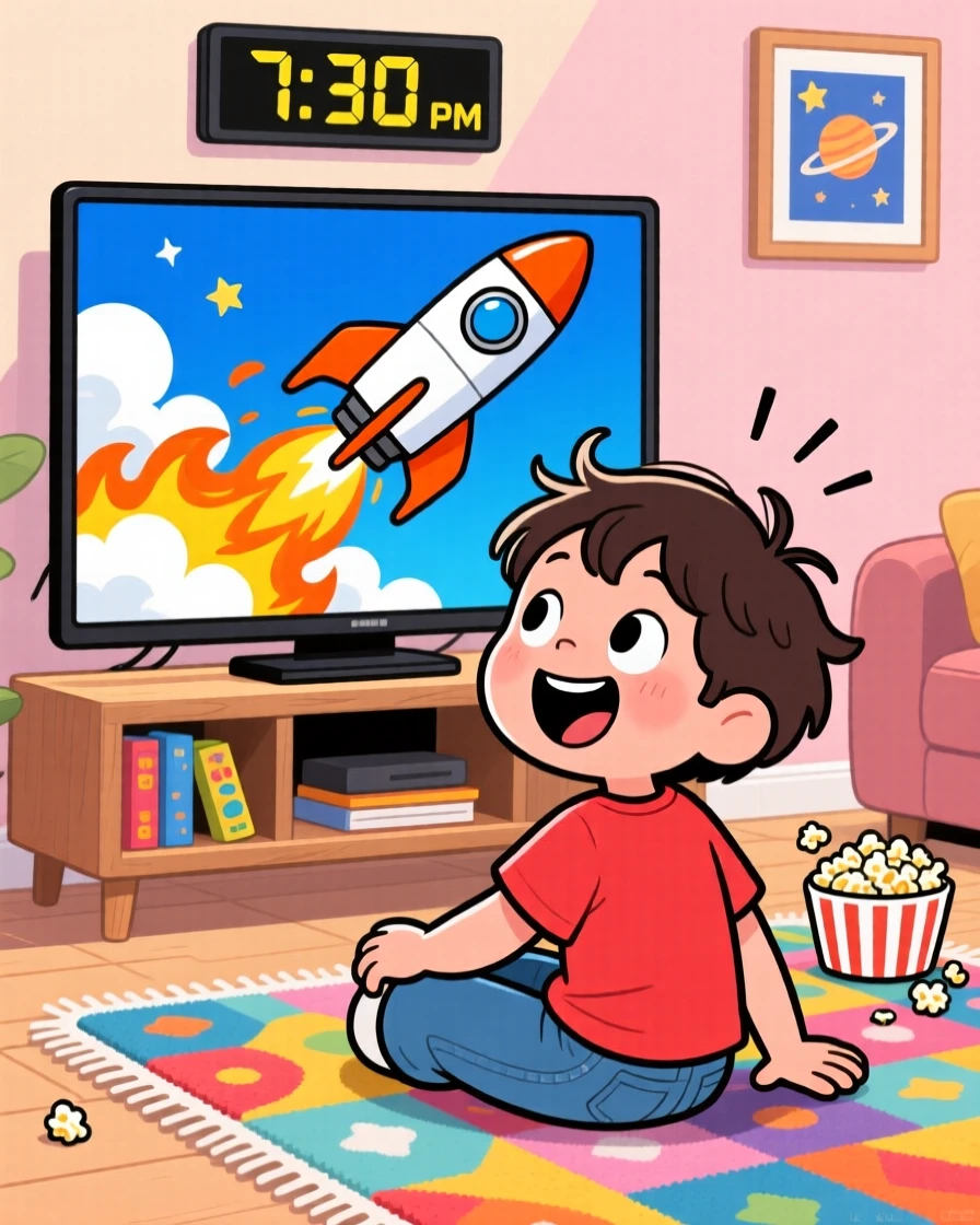 A child watching a rocket launch on television with wide eyes.