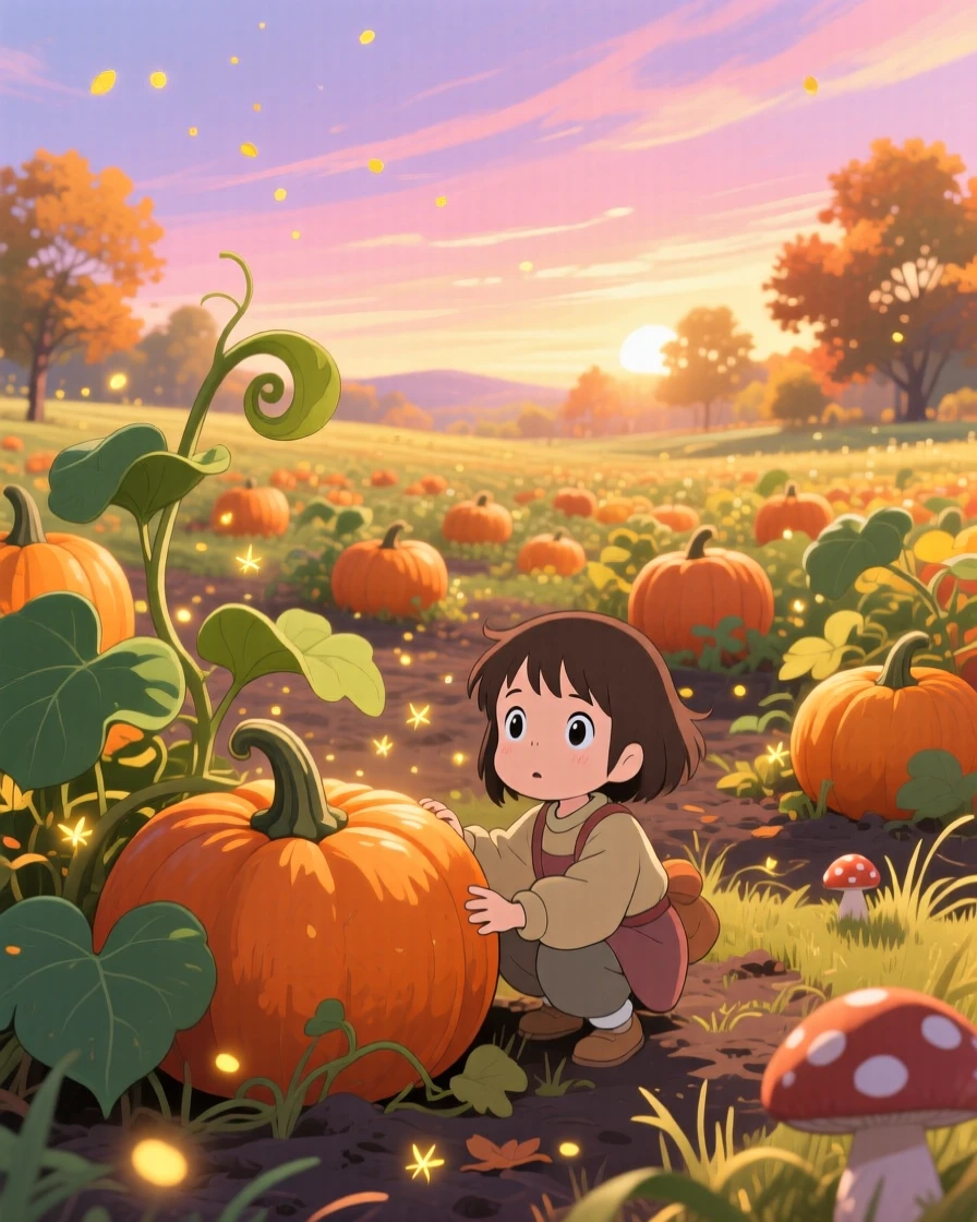 A autumn scene of a pumpkin patch glowing under a low afternoon sun, under a sky streaked with color.