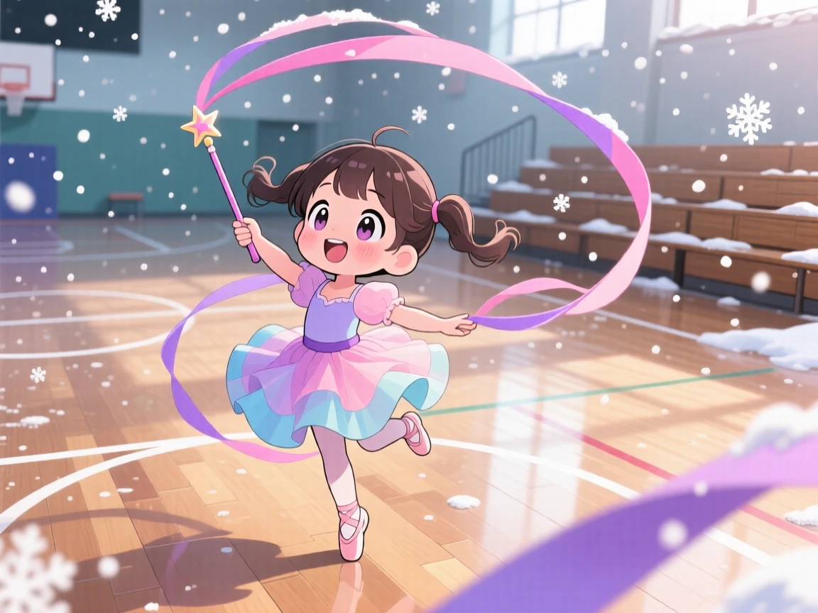 Worm's-eye view: a small girl, twirling a ribbon wand in rhythmic dance, set against a sunny gymnasium floor amid softly falling snow, with diffused overcast light and a mood of curious excitement.
