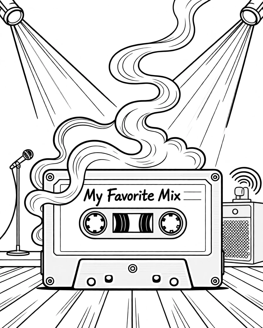 A cassette tape mixtape with a hand-written label, with smoke and colored lights swirling around the stage.
