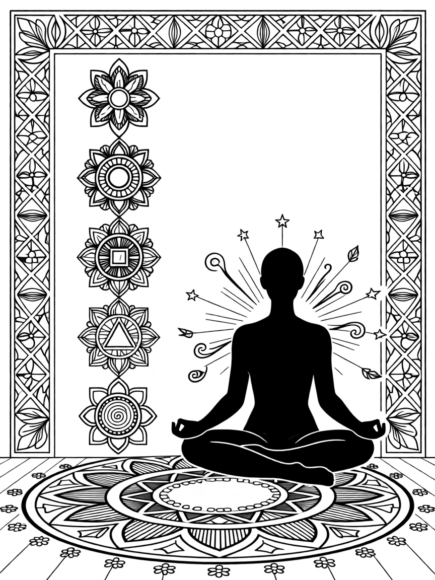 A set of chakra symbols arranged in a vertical column beside a silhouette.