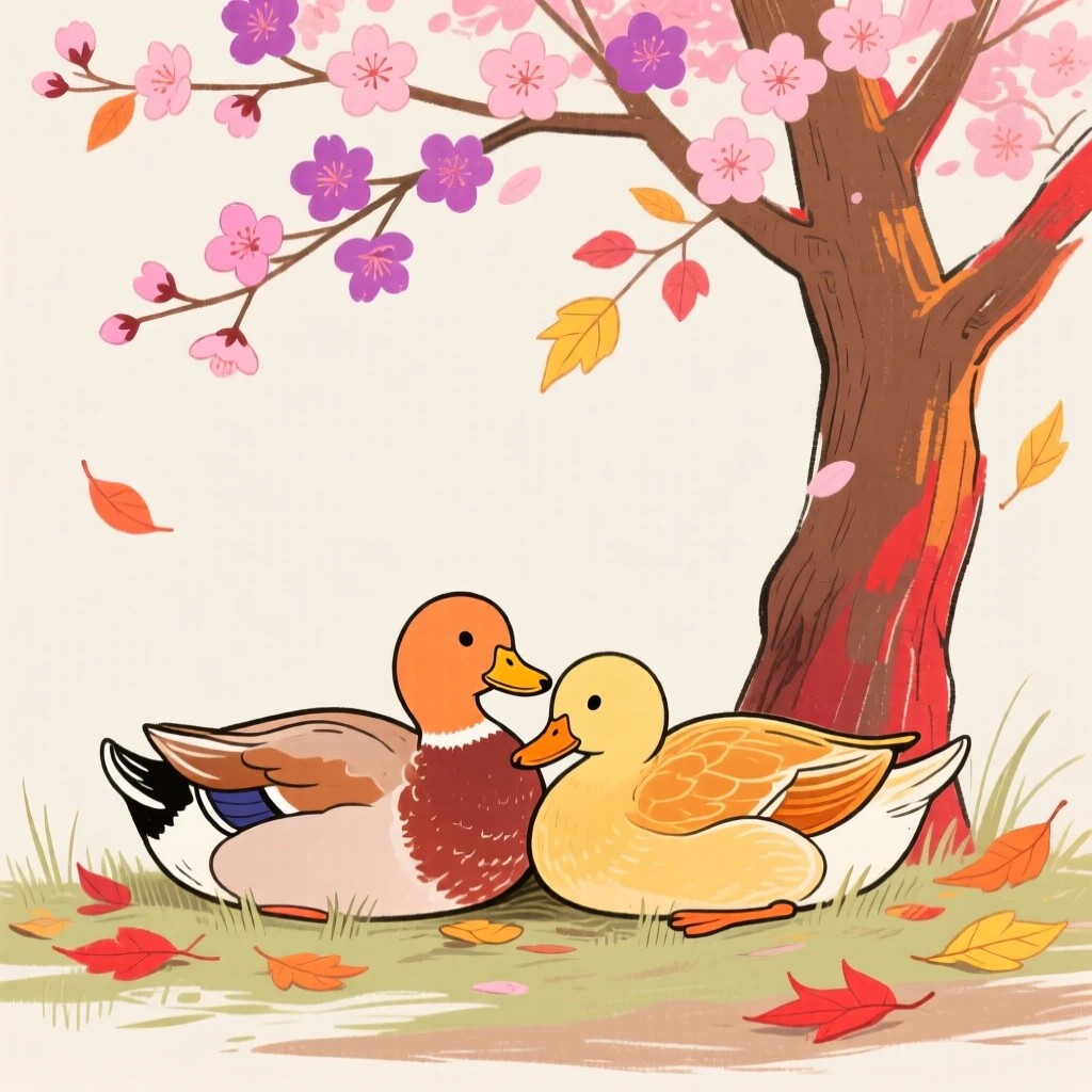 A family of ducks curled up together under a blossoming tree on a crisp autumn day.