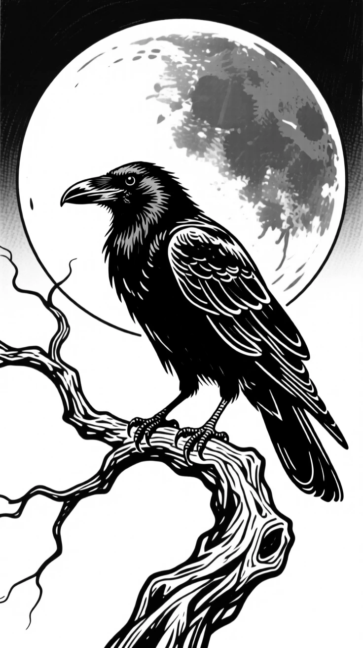A witch's familiar raven perched on a gnarled branch under a blood moon.