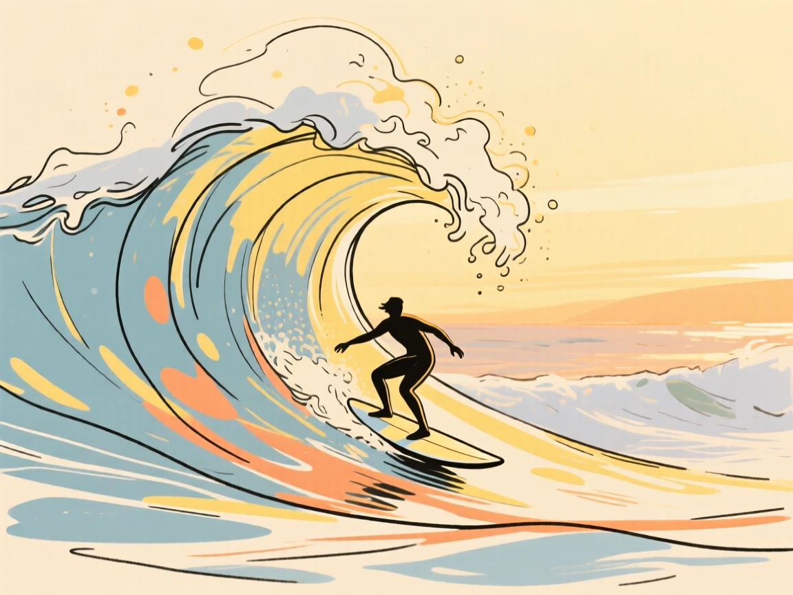 A surfer riding a towering ocean wave at golden hour.