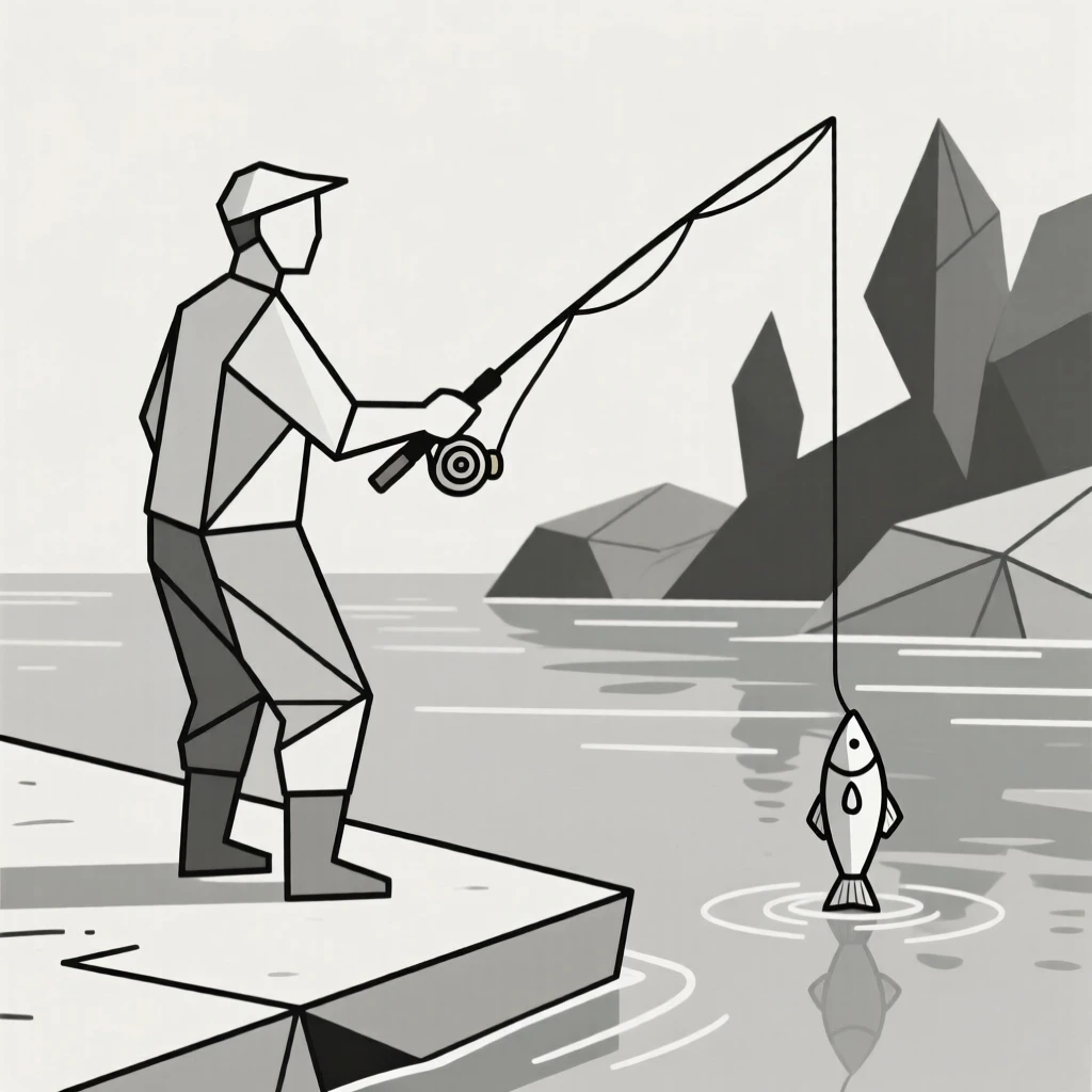 A fisherman reeling in a catch from a riverbank