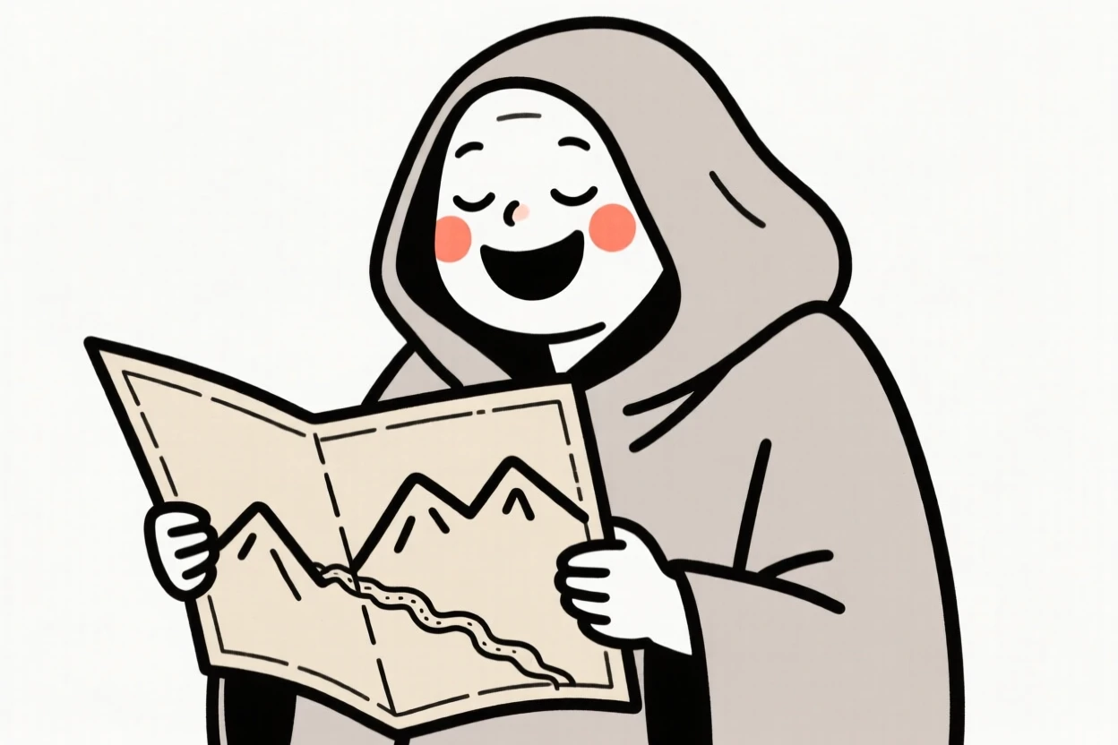 A mountain hermit reading an old map, laughing joyfully.
