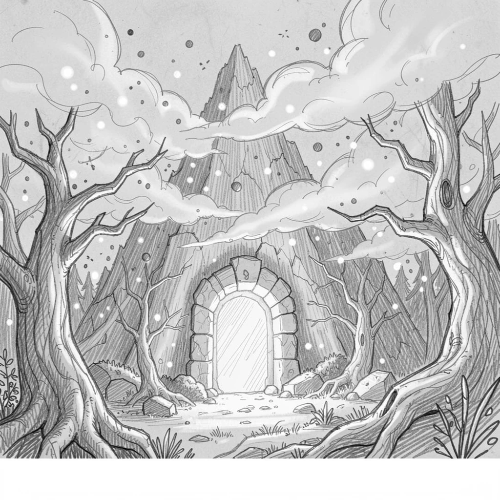 An epic fantasy scene of a portal opening in the middle of an ancient forest atop a mountain pierced by clouds, with glowing spores floating like snow.