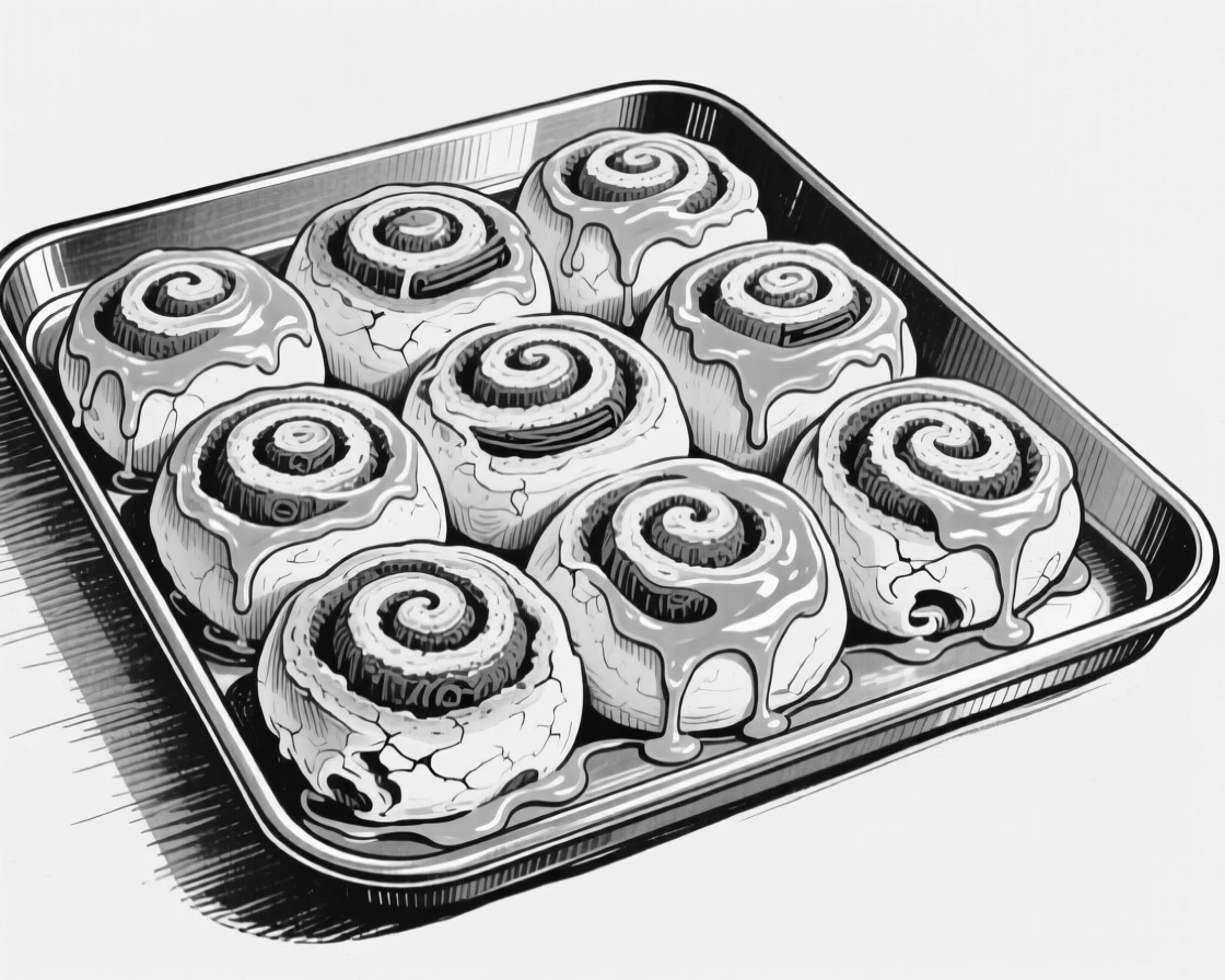 A tray of fresh baked cinnamon rolls glazed with sweet icing.