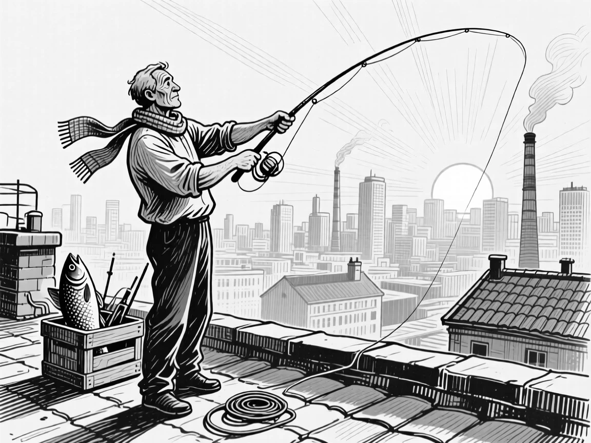 A fisherman casting a line at sunrise on a rooftop overlooking the city skyline, with a look of quiet contentment, creating a full of gentle warmth lifestyle scene.