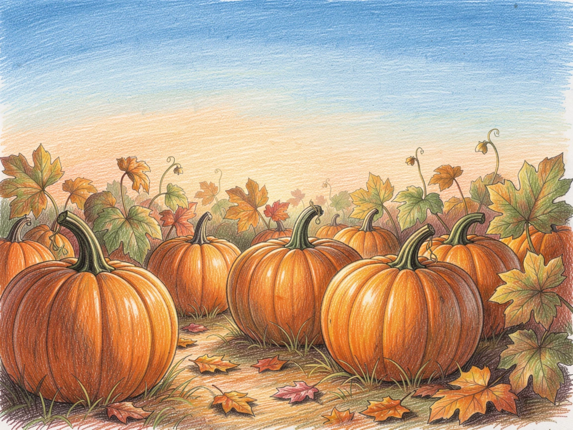 A pumpkin patch glowing orange under a crisp autumn sky, with a gentle play of light and shadow across the composition, evoking nostalgia and a deep sense of contentment.