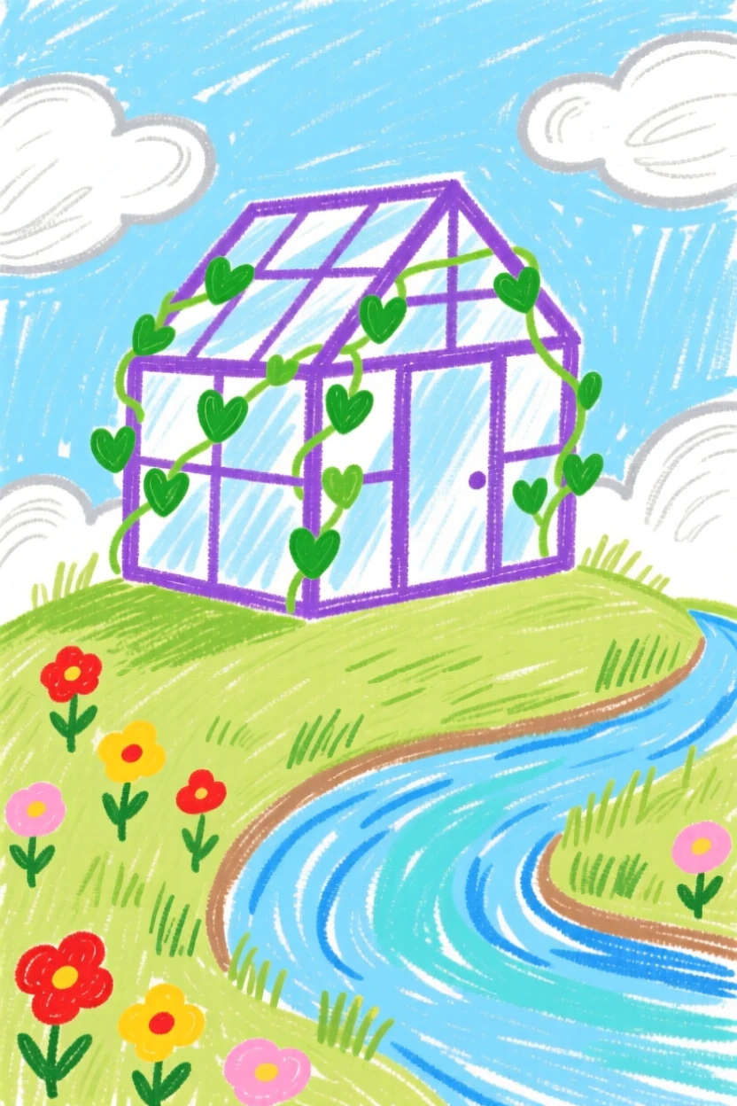 A garden greenhouse perched above a quiet winding river.
