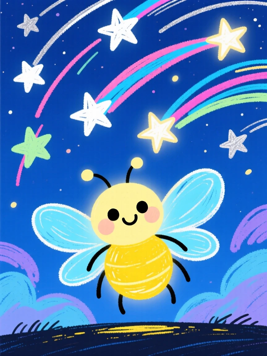 A glowing firefly sprite beneath a sky full of shooting stars.