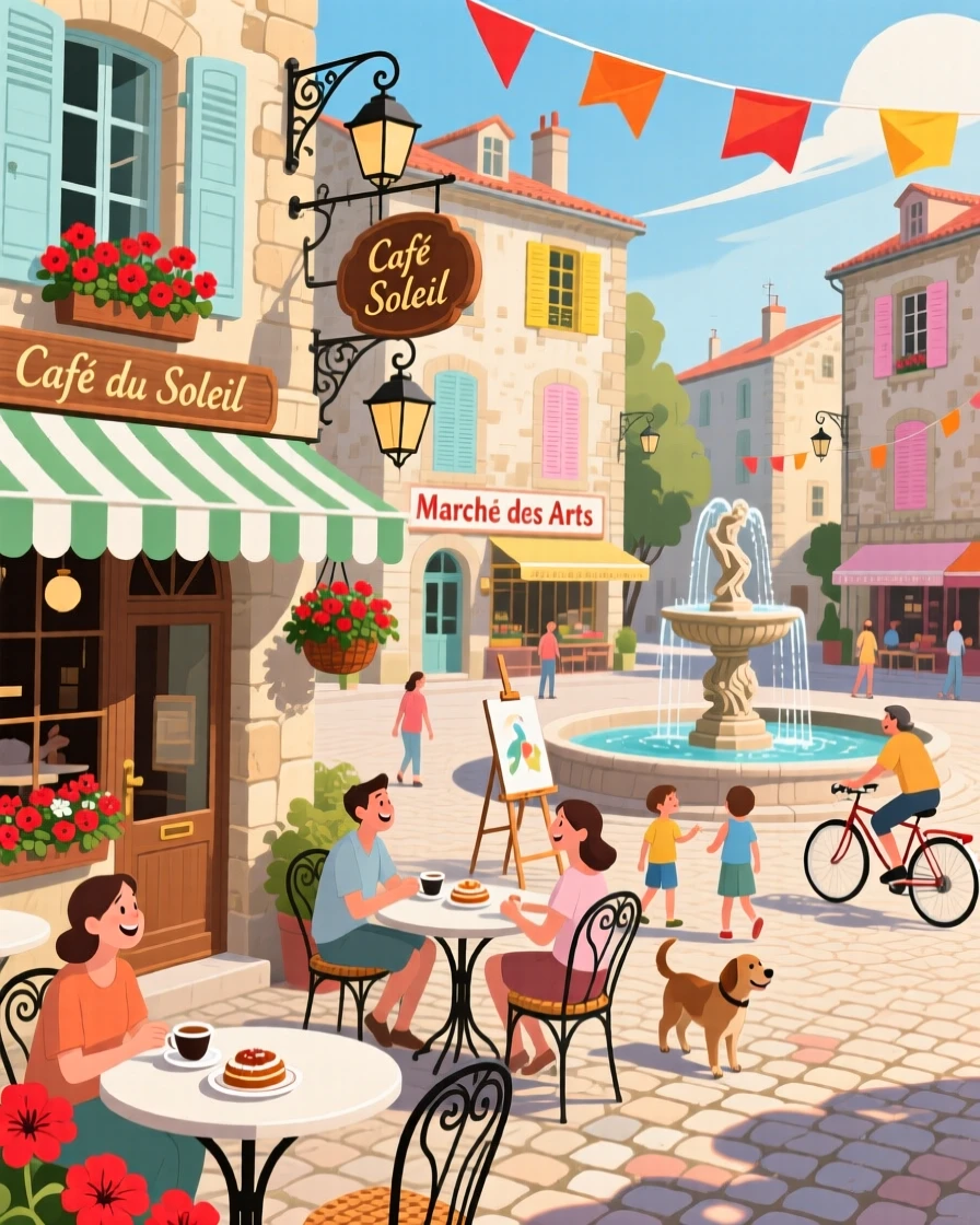 A charming café terrace overlooking a historic town square, surrounded by a lively, colorful atmosphere, composed with a postcard-worthy balanced perspective, with a joyful, adventurous atmosphere.