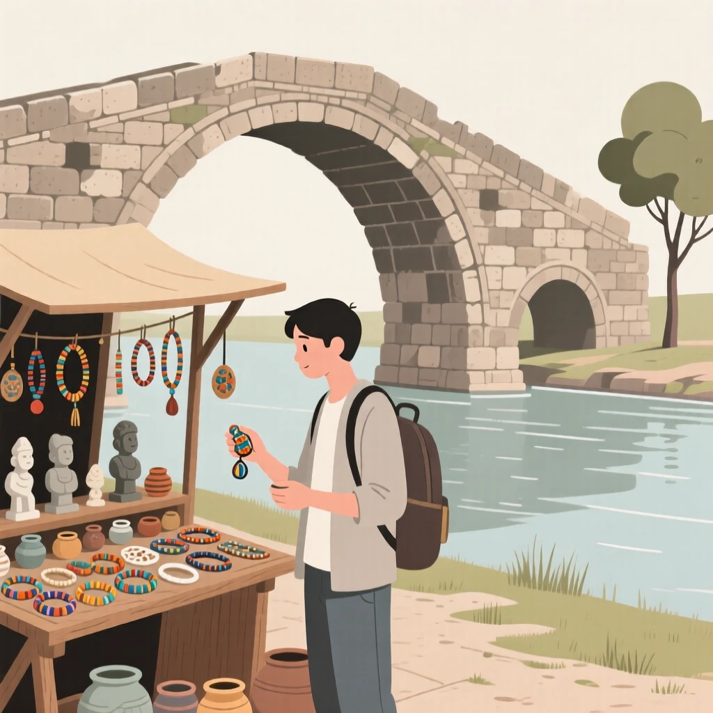 A traveler shopping for souvenirs near an ancient stone bridge.