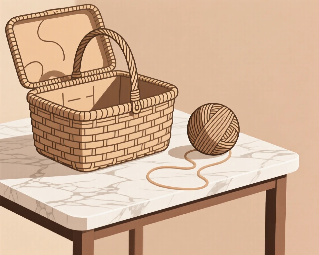 A close-up study of a woven picnic basket placed beside a ball of yarn on a marble side table, full of vintage warmth.