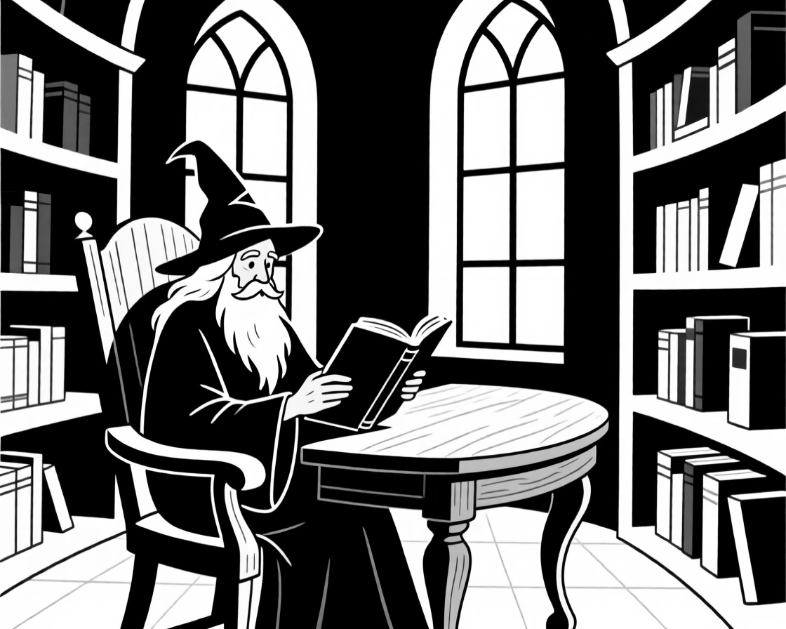 A wise old wizard reading in a tower library.