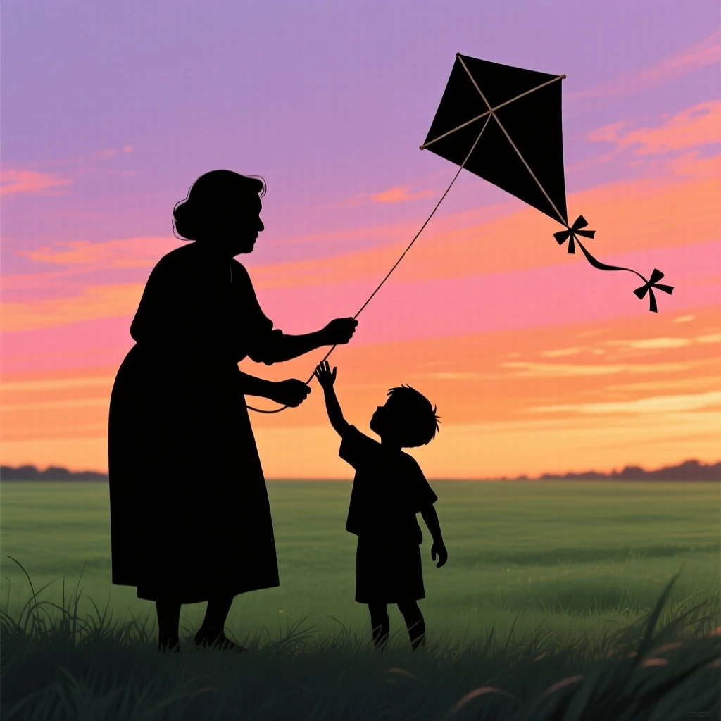 A grandmother and grandson flying a homemade kite in an open field.