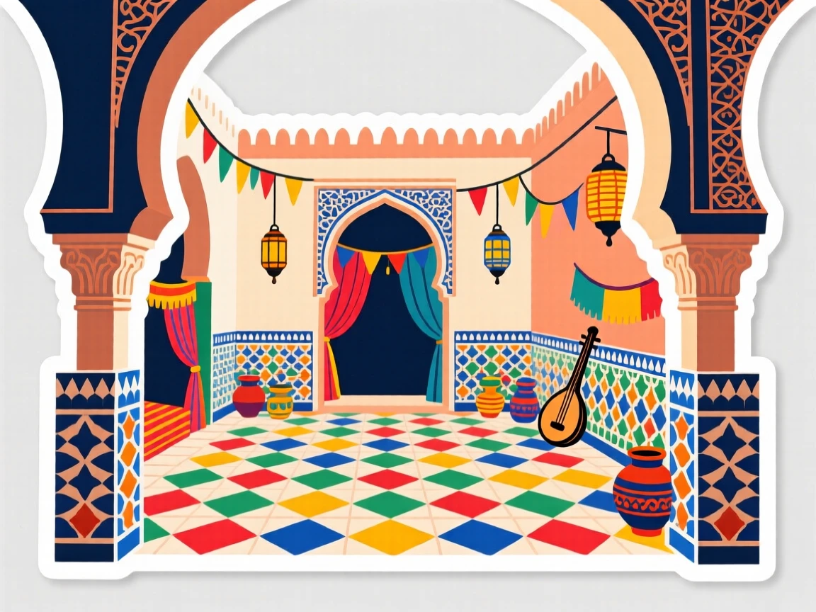 A culturally vibrant Moroccan mosaic tile pattern courtyard, framed by traditional architecture, at the peak of a local festival.