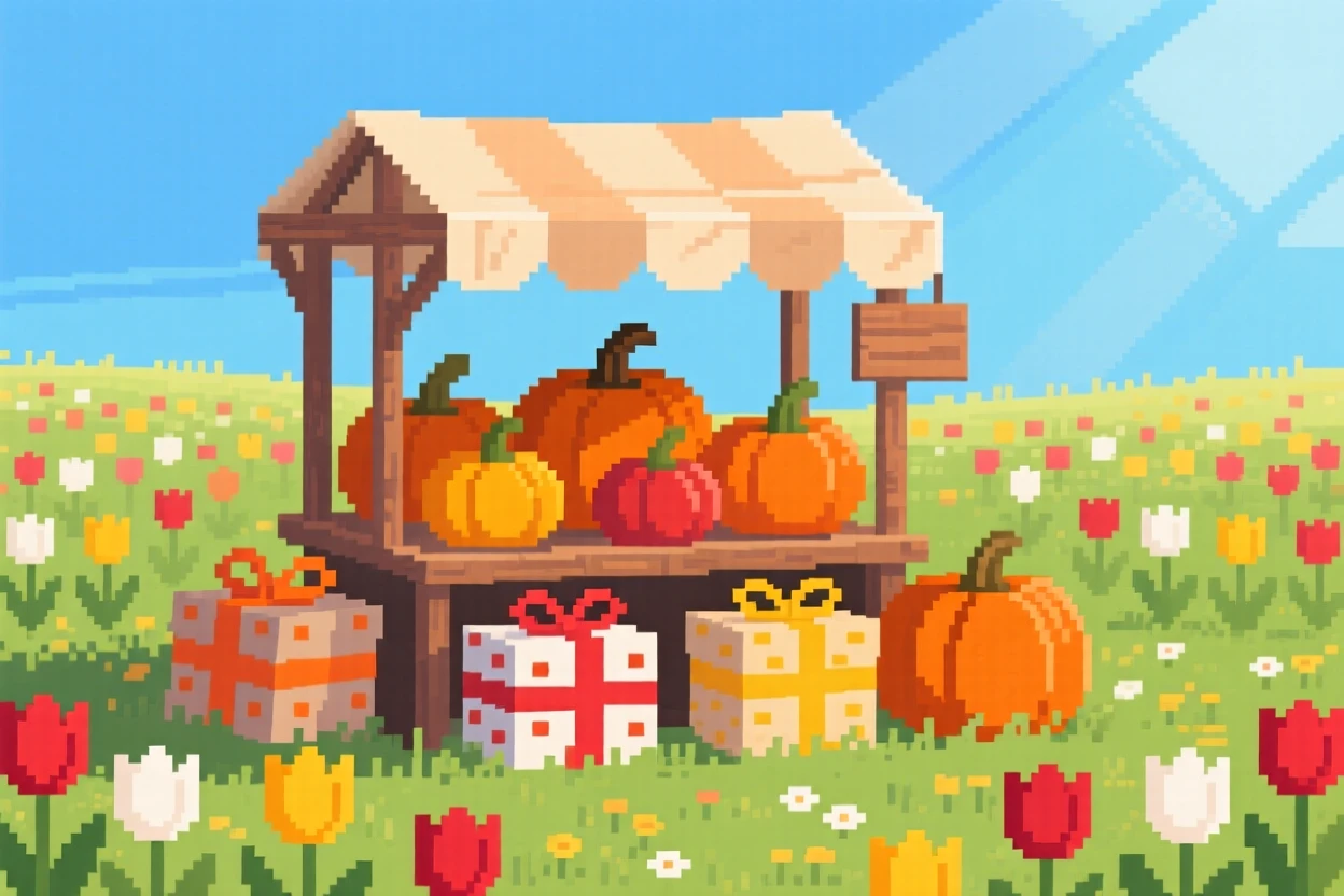 A market stall selling autumn pumpkins wrapped in ribbons and gift paper, in a sunlit spring meadow full of tulips.