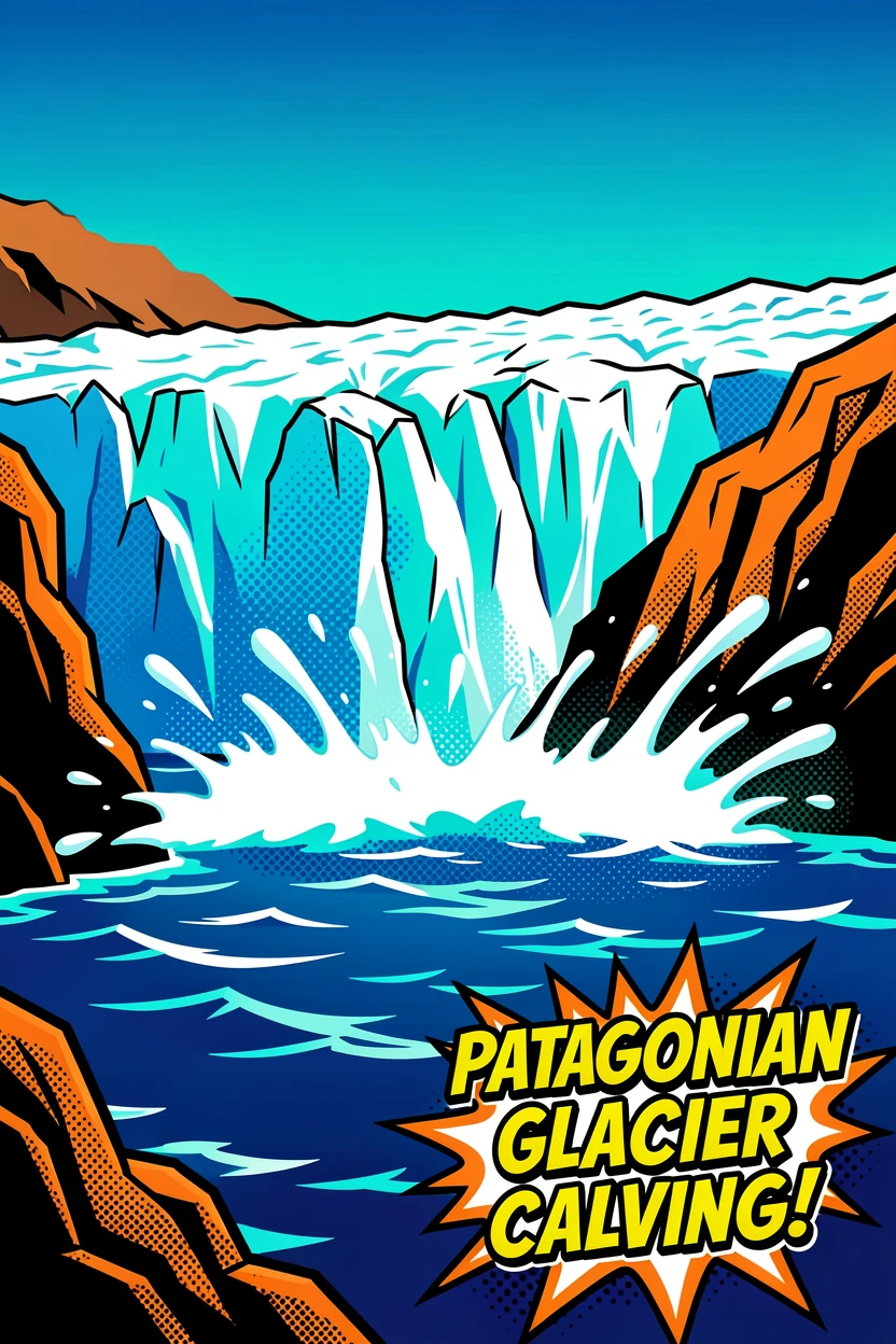 A glacier calving dramatically into a Patagonian fjord