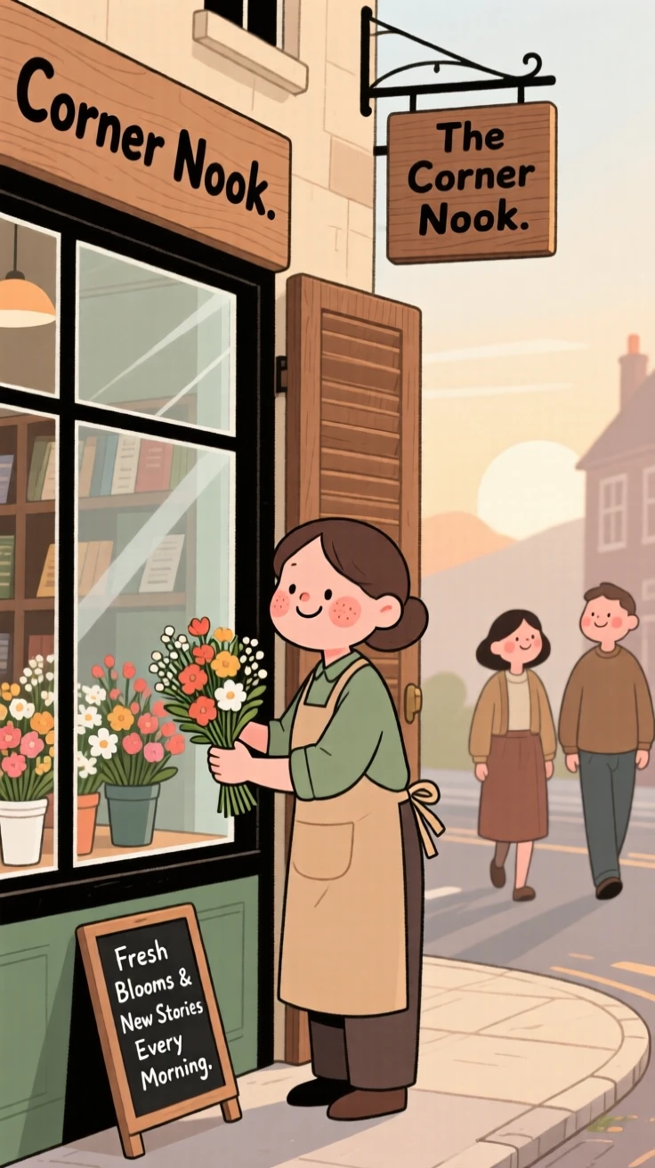 A shopkeeper opens the shutters of a small corner bookstore at dawn, arranging fresh bouquets in the window as the first customers approach.