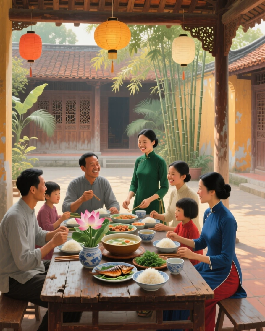 An expansive vista of a family gathered around a long wooden table for a Sunday feast, in old Hanoi, in antiquity.