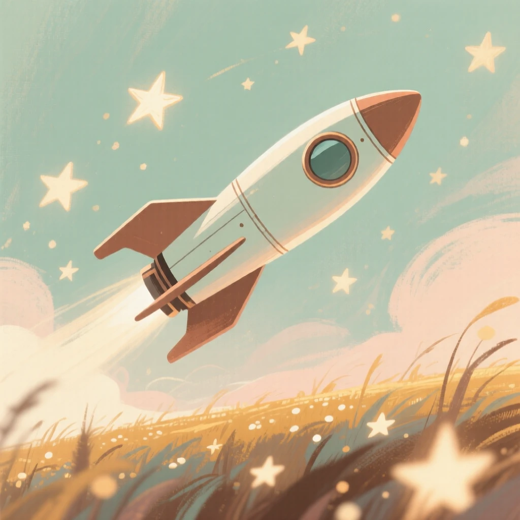 A vintage rocket ship soaring past a field of twinkling stars