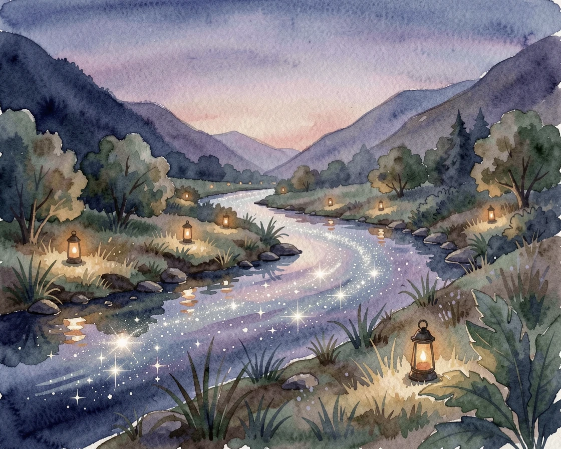 A river of stars flowing through a mystical valley with tiny lanterns floating like stars.
