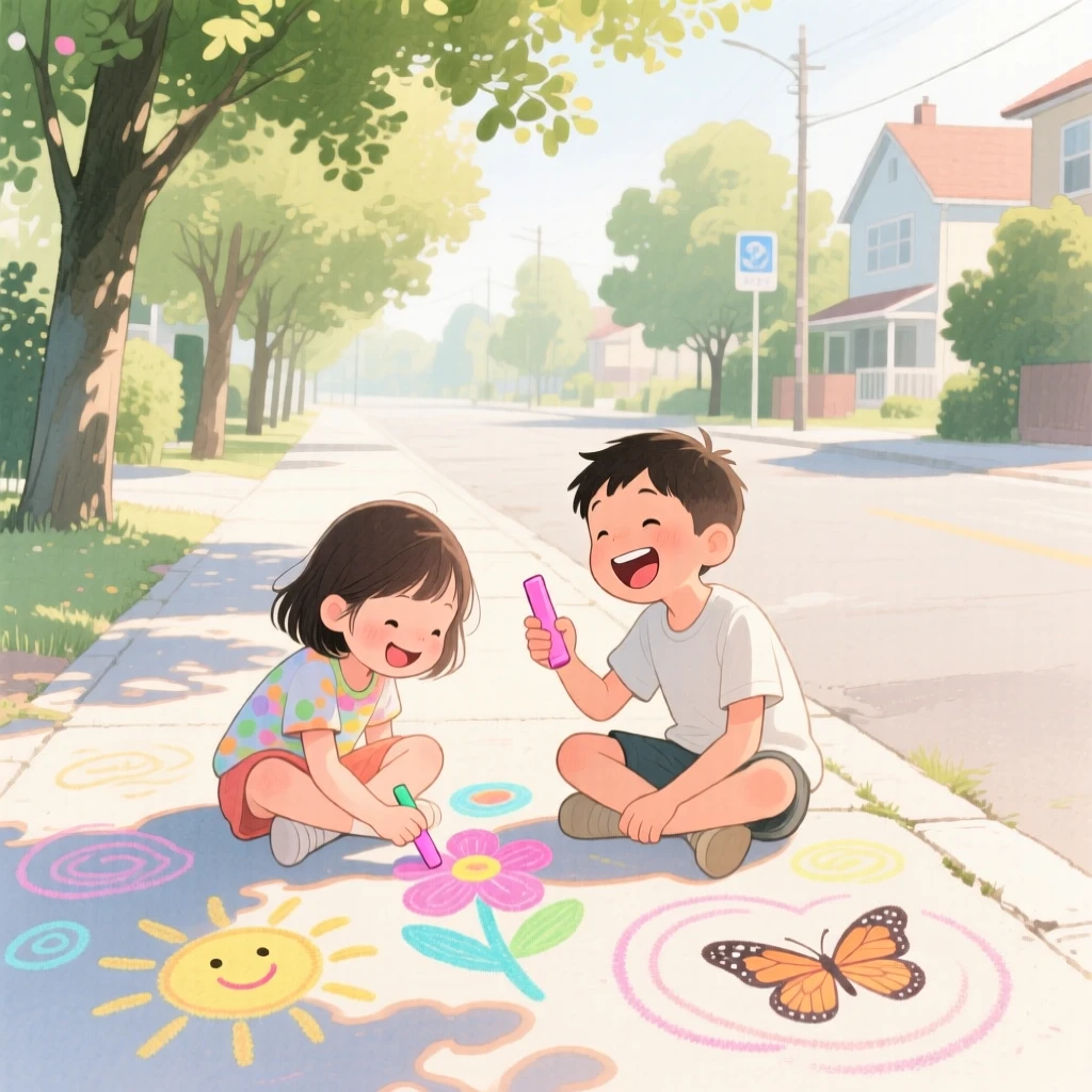 Two giggling siblings draws chalk pictures on the sidewalk on a tree-lined street, laughter and joy filling the warm afternoon air